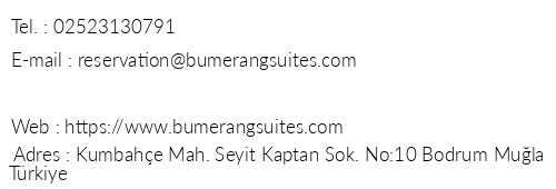 Bumerang Suites Hotel telefon numaralar, faks, e-mail, posta adresi ve iletiim bilgileri